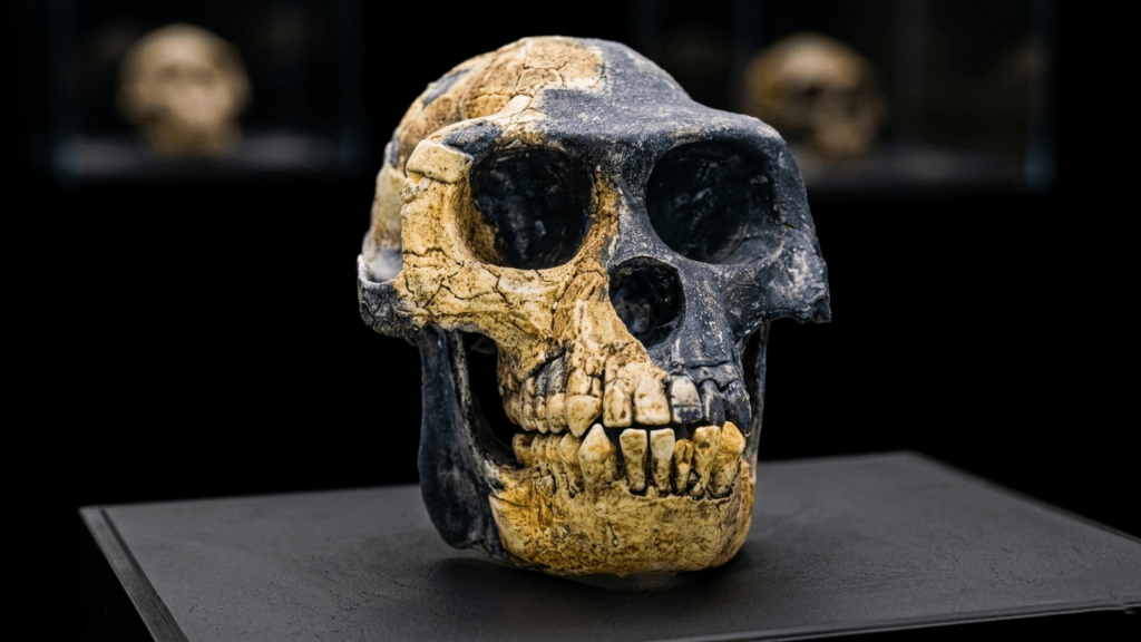 Fossilized Homo erectus skull with dark and light coloration displayed on a black pedestal in a museum.