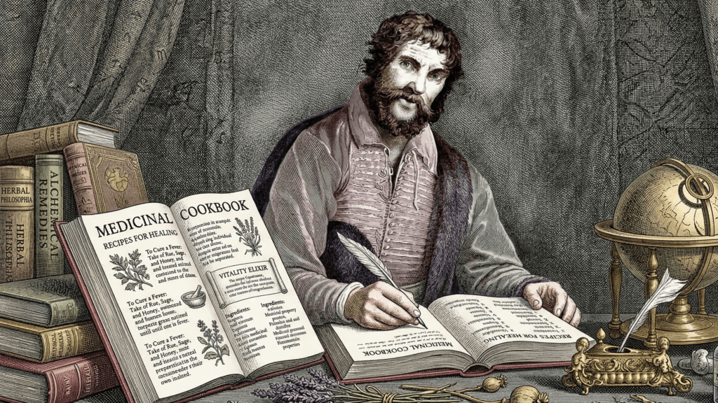 Man writing with quill pen in medicinal cookbook surrounded by herbal remedy books and a globe