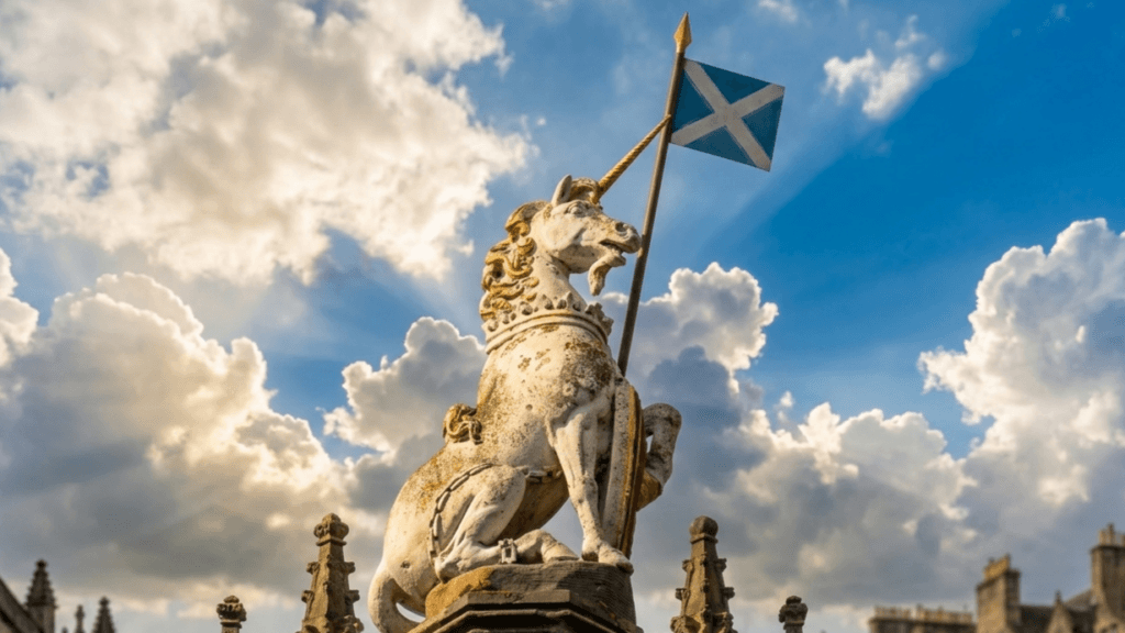 Statue of a unicorn holding a Scottish flag against a cloudy sky background