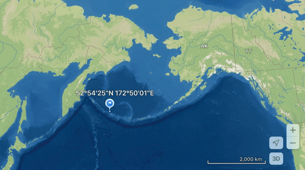 Map showing coordinates 52°54'25"N 172°50'01"E near the Aleutian Islands between Alaska (AK) and Russia.
