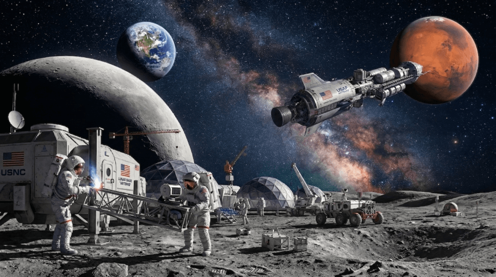 Astronauts working at Lunar Base Artemis on the moon with Earth, Mars, and a USAF spacecraft in the background.