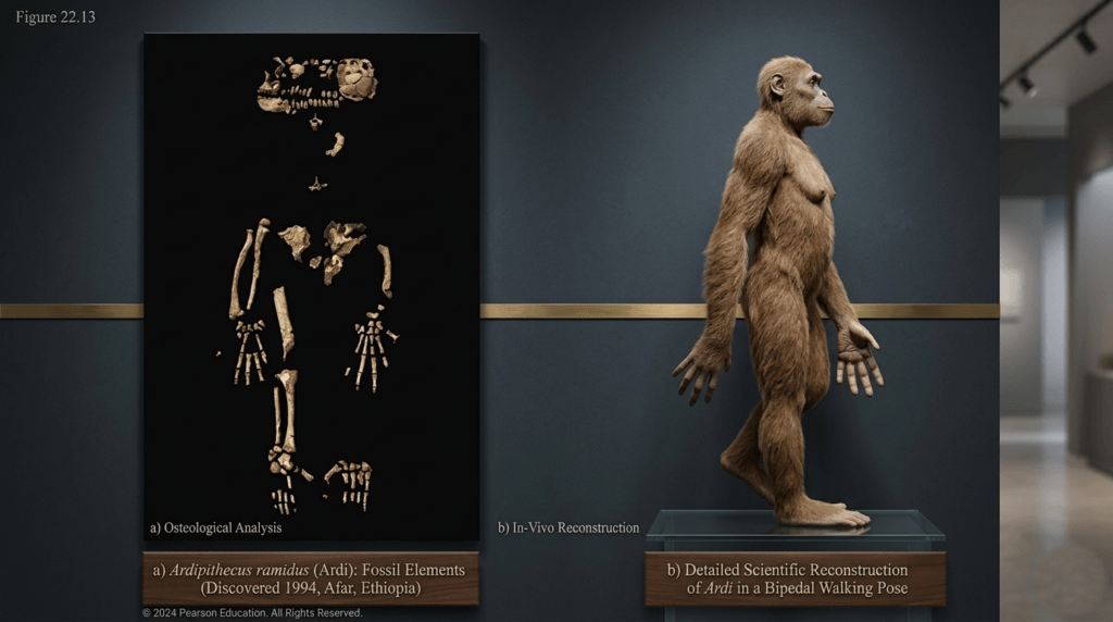 Fossil elements of Ardipithecus ramidus and detailed scientific reconstruction of Ardi in a bipedal walking pose.