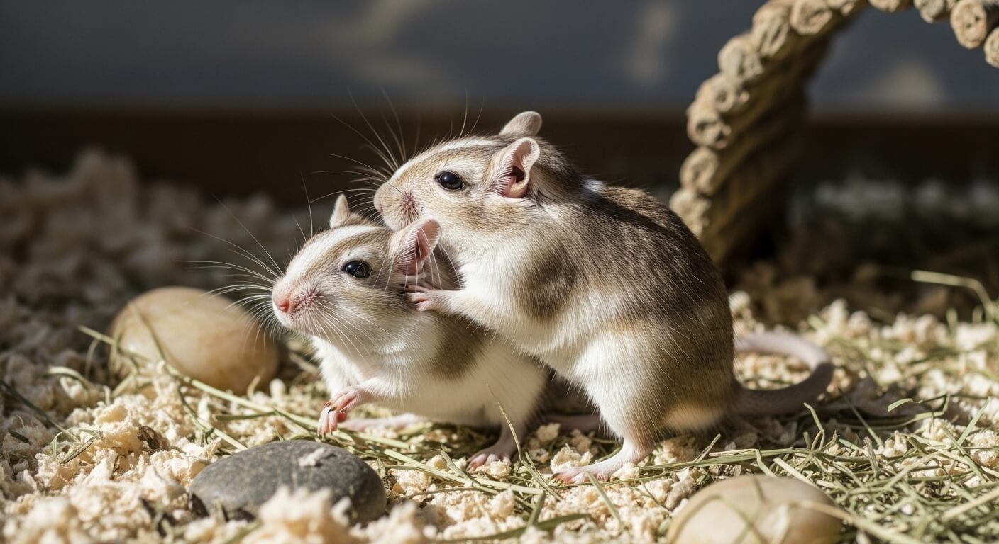 Two small gerbils interacting on bedding with hay and stones in a pet enclosure.