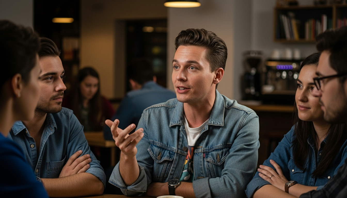 Young man in denim jacket speaking to a group of four people in a casual indoor setting