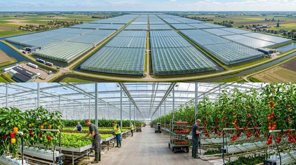 Large commercial greenhouse complex with workers harvesting lettuce, bell peppers, and tomatoes inside.