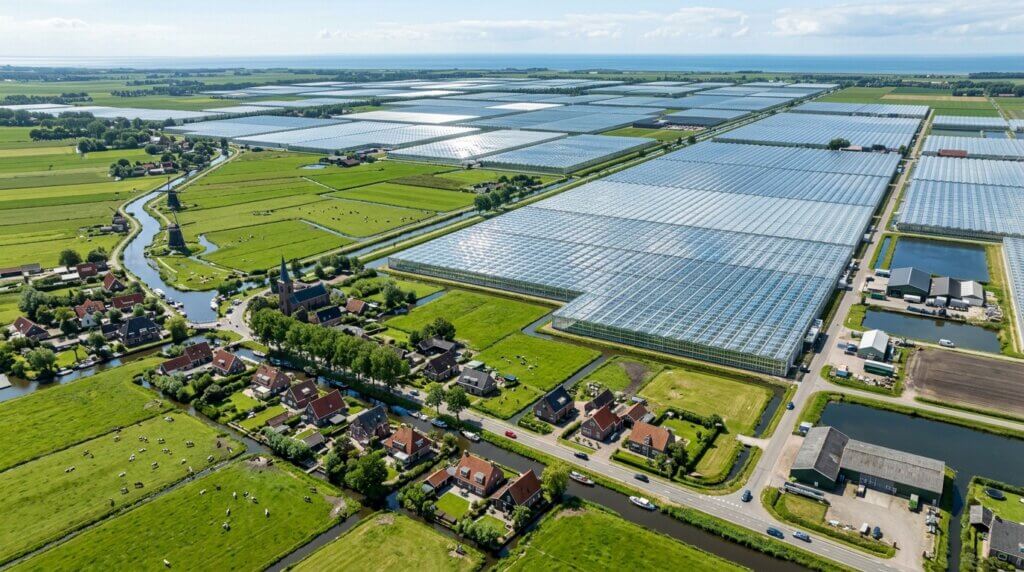 Aerial view of a Dutch village with traditional houses, windmills, canals, and large greenhouse farms.