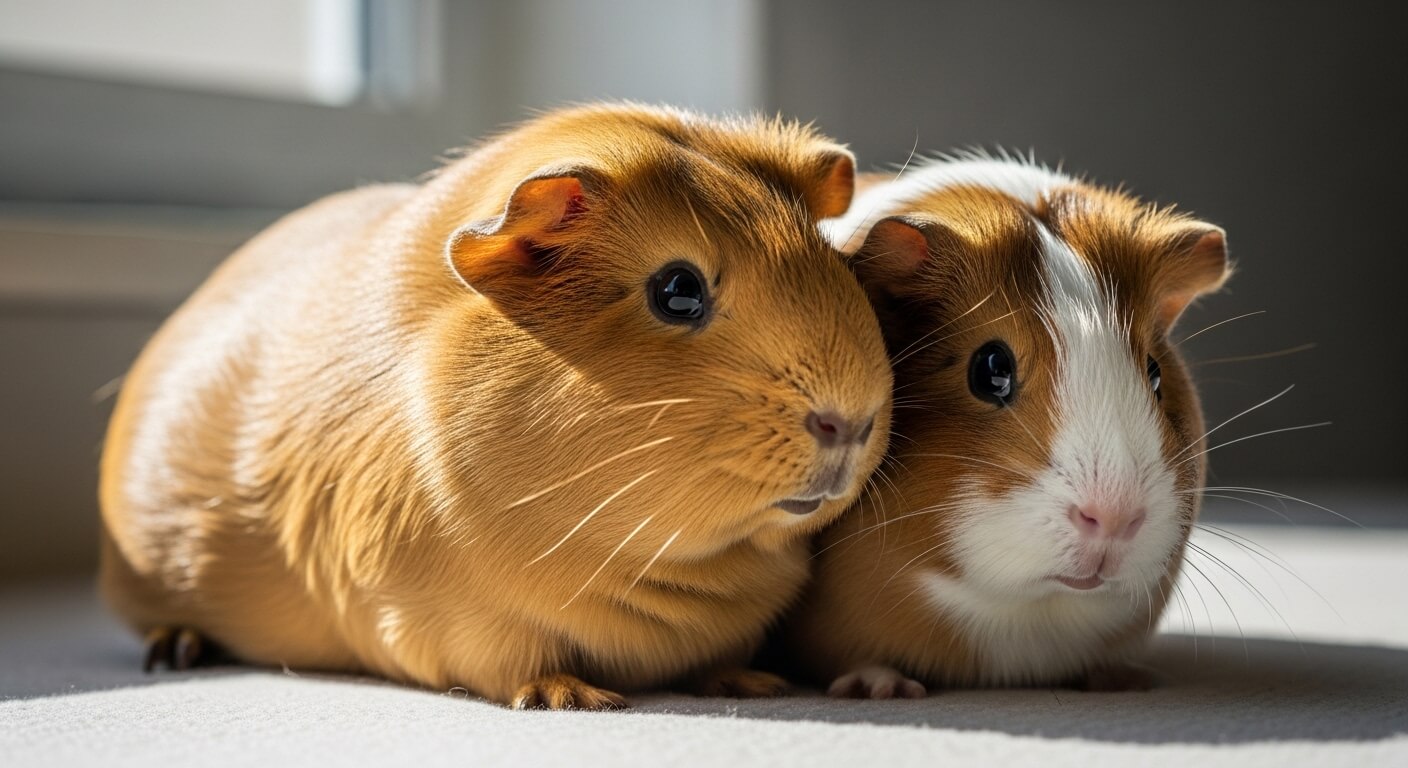Two guinea pigs, one solid brown and one brown and white, sitting closely together on a light surface.