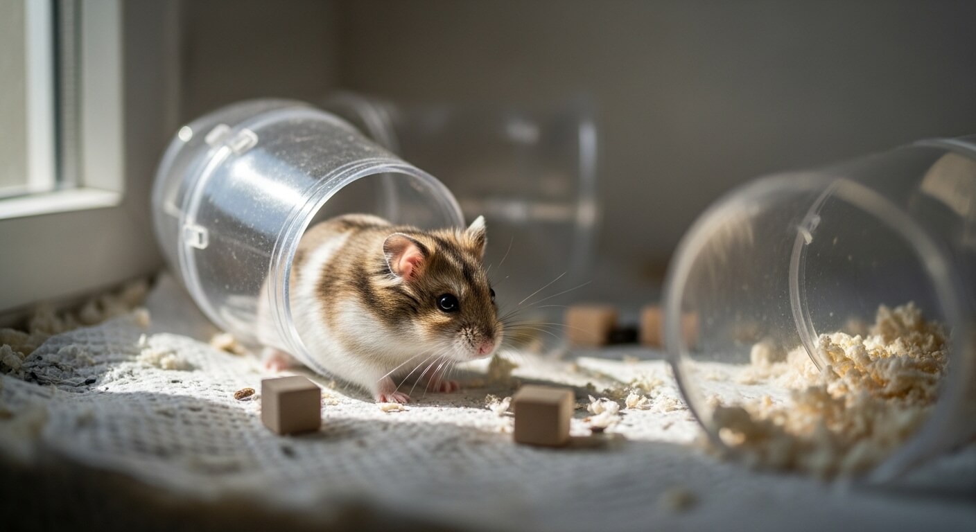 Hamster emerging from a clear plastic tube on a textured surface with scattered bedding and wooden blocks.