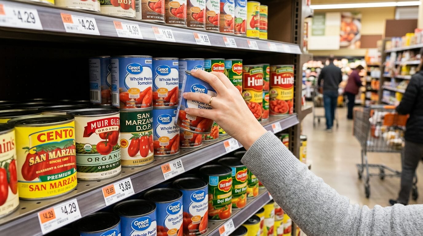 Hand reaching for a can of Great Value Whole Peeled Tomatoes on a grocery store shelf.