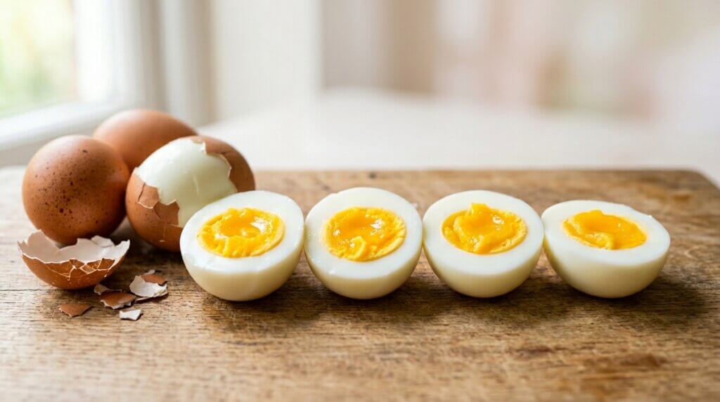 Four halved soft-boiled eggs with partially peeled brown eggshells on a wooden surface