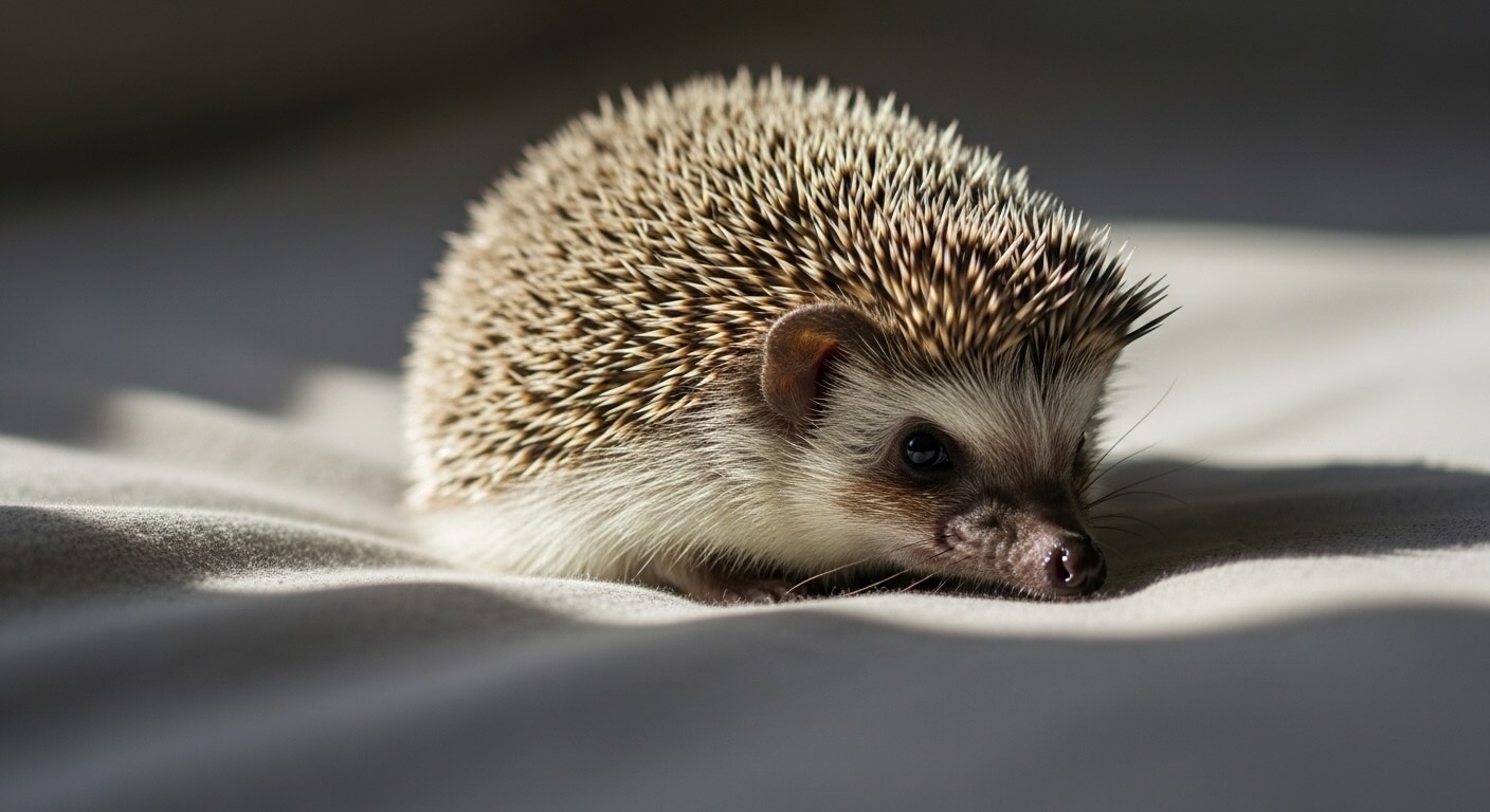 Hedgehog resting on a soft, light-colored surface with sunlight highlighting its spines and face.