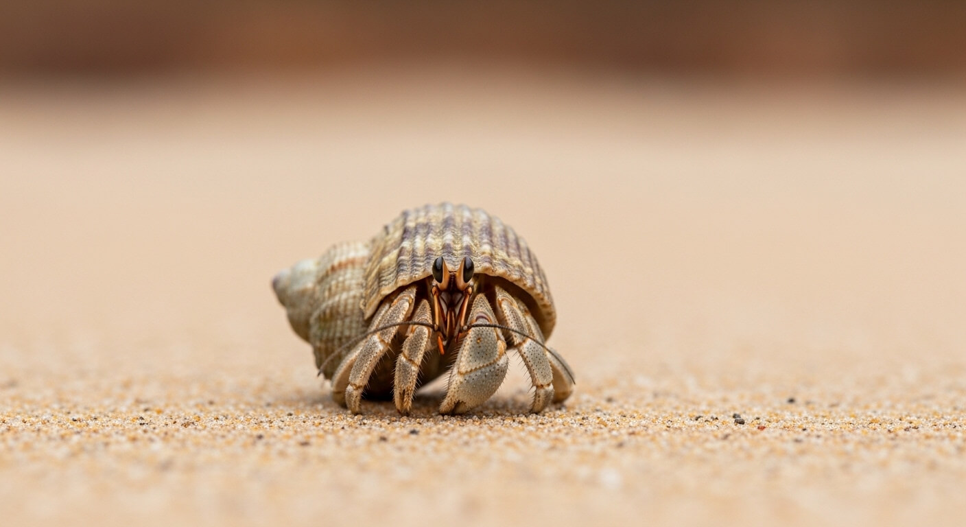 Hermit crab with striped shell on sandy beach viewed from the front
