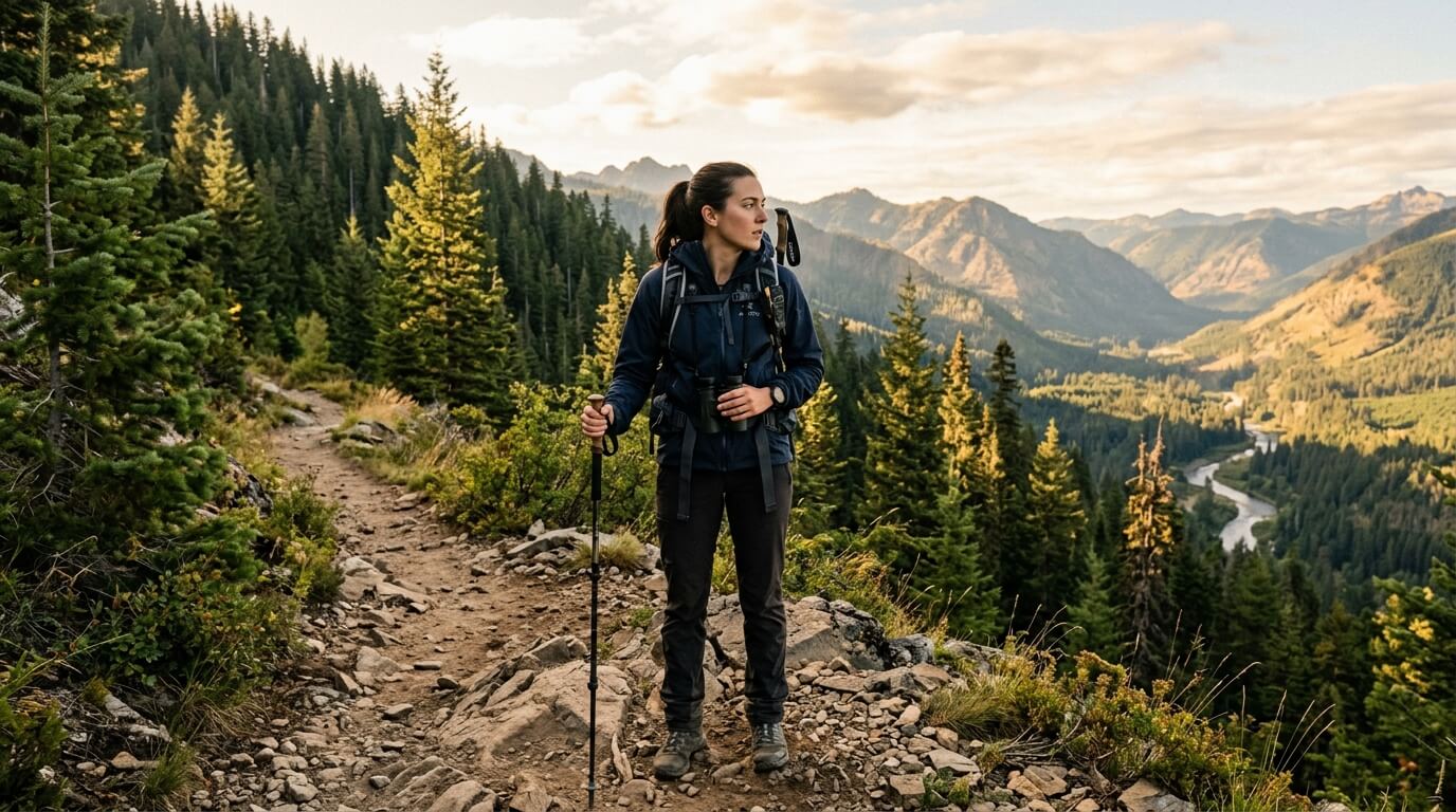 Hiker with backpack and trekking pole standing on a mountain trail overlooking a forested valley and river.