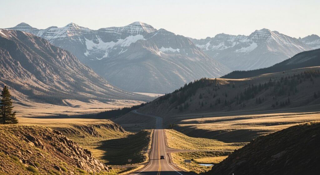 Car driving on a long road through a valley with snow-capped mountains in the background at sunset