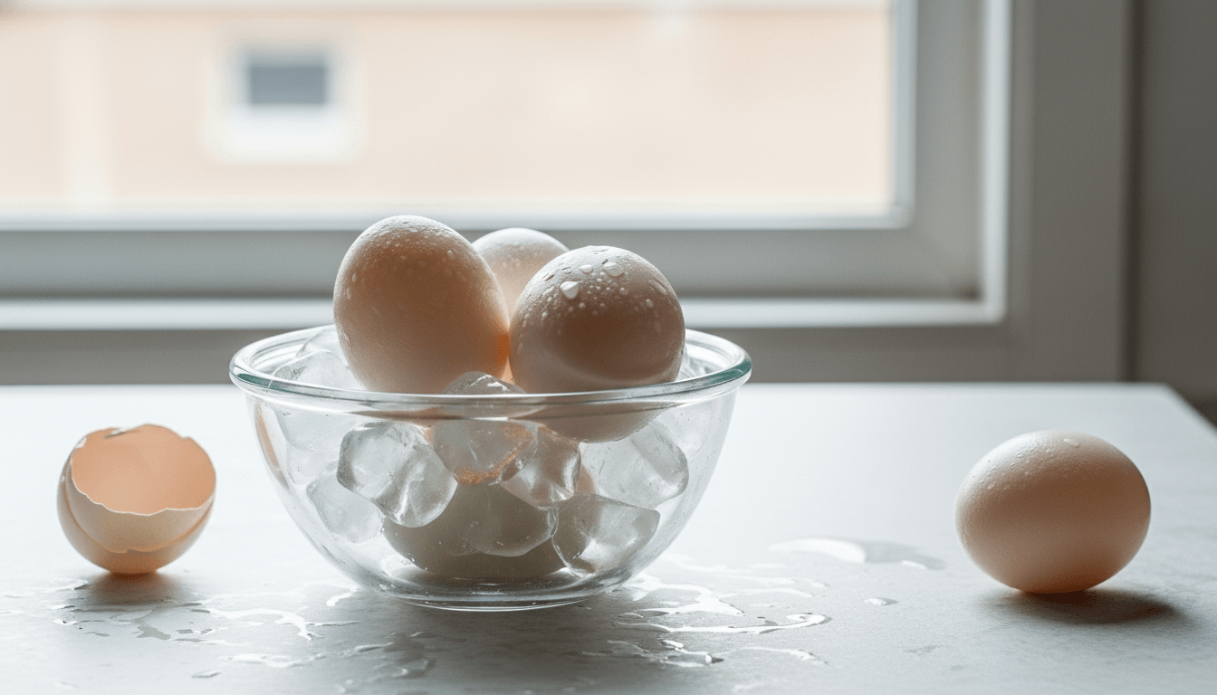 Brown eggs resting on ice cubes in a glass bowl with one cracked eggshell and one whole egg nearby on a wet surface