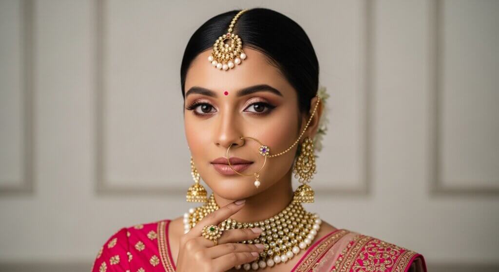 South Asian woman wearing traditional bridal jewelry and a pink embroidered saree.