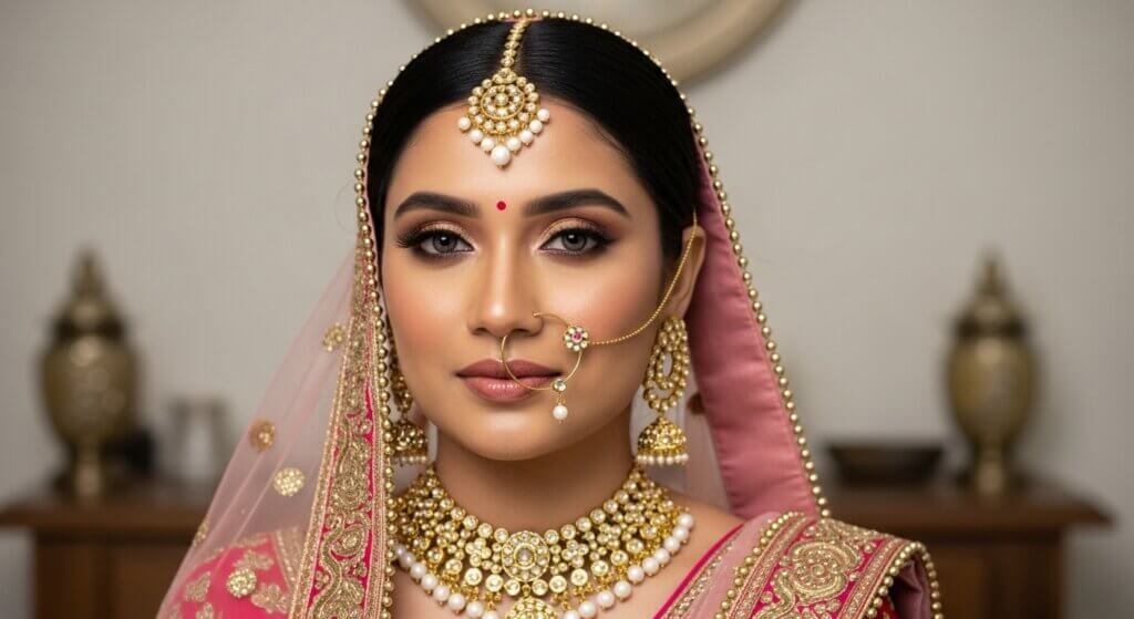 South Asian bride wearing traditional gold jewelry and a pink and gold embroidered bridal veil.