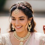 Smiling woman wearing traditional Indian jewelry and mehndi on hands, dressed in a light-colored embroidered outfit.