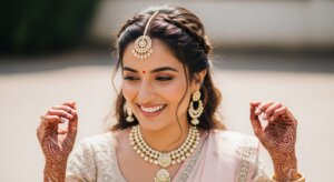 Smiling woman wearing traditional Indian jewelry and mehndi on hands, dressed in a light-colored embroidered outfit.