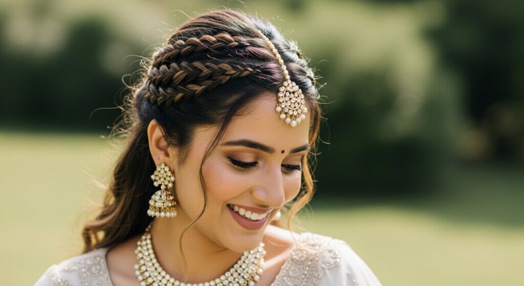 Smiling woman with braided hair wearing traditional Indian jewelry and a white embroidered outfit outdoors