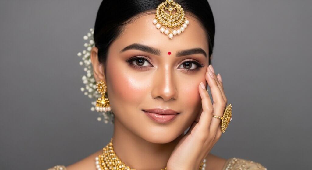 Close-up of a woman wearing traditional Indian gold jewelry with pearls and a red bindi on her forehead.