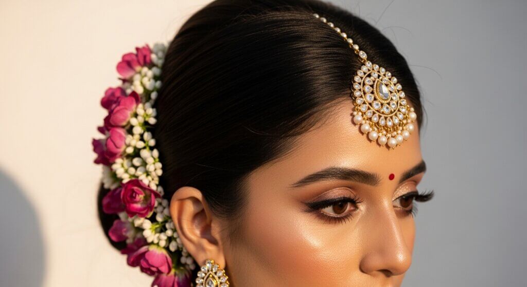 Close-up of a woman with traditional Indian bridal jewelry and flowers in her hair.