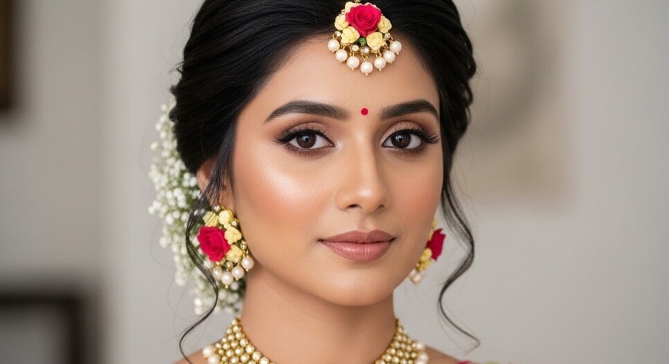 Close-up of a woman wearing traditional Indian bridal jewelry with red roses and pearls.