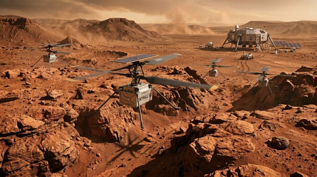 NASA Mars helicopters flying over rocky terrain near a Mars lander with solar panels and astronauts.