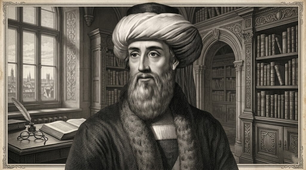 Portrait of Johannes Gutenberg in a historical library setting with books and a quill on the desk.