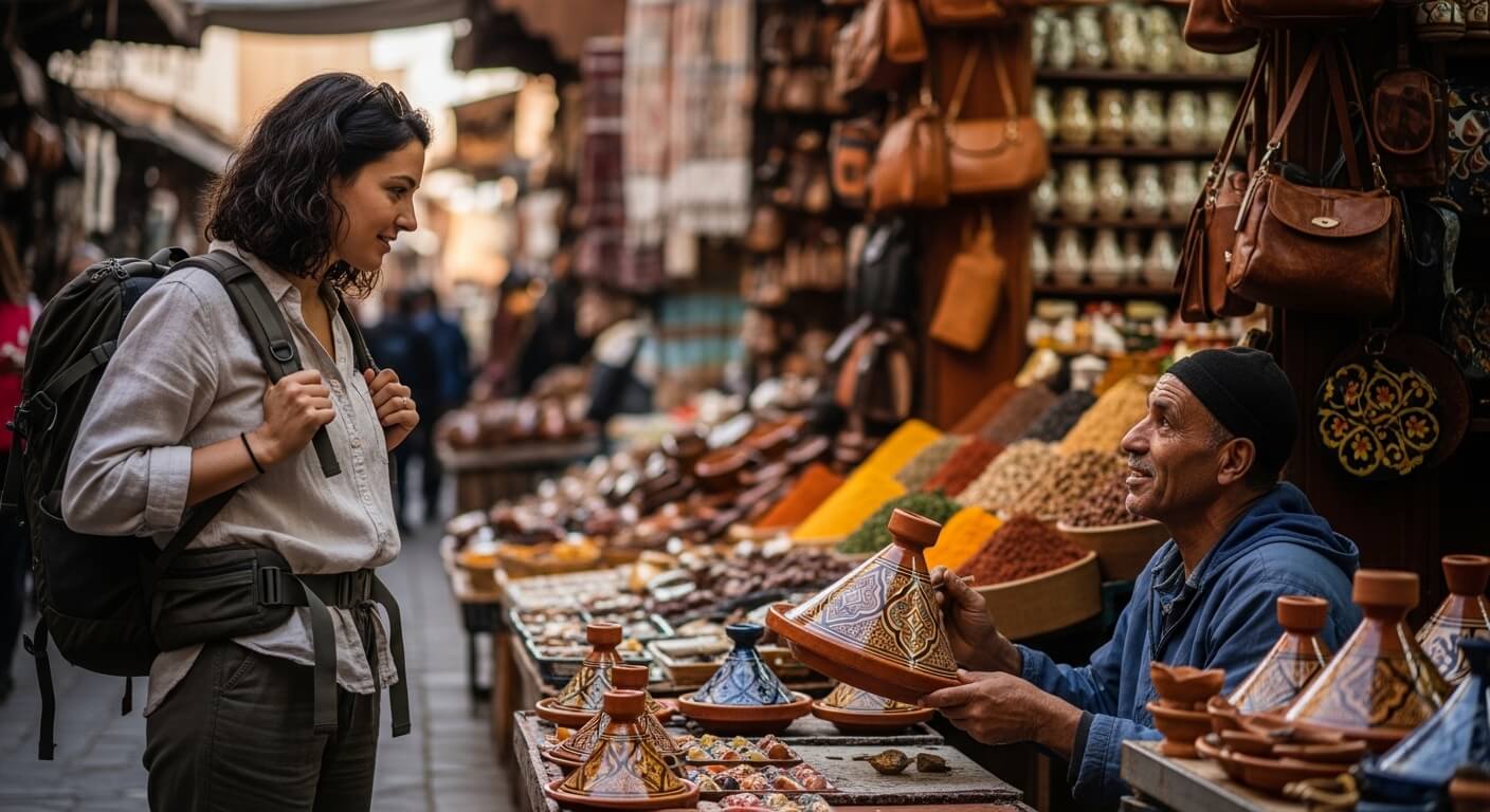 Woman with backpack shopping for tagine pots from a vendor at a spice market stall