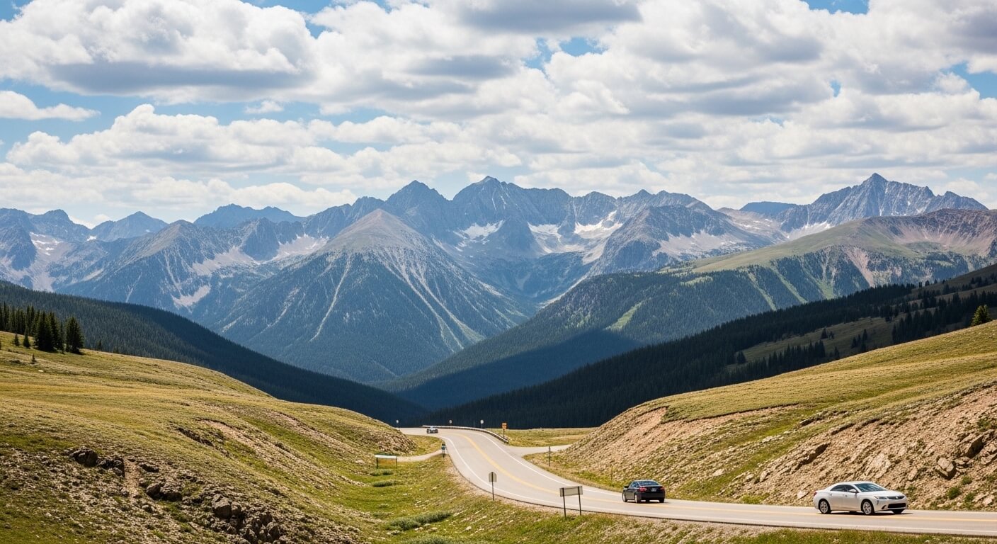 Two cars driving on a winding mountain road with pine forests and rugged peaks under a cloudy sky