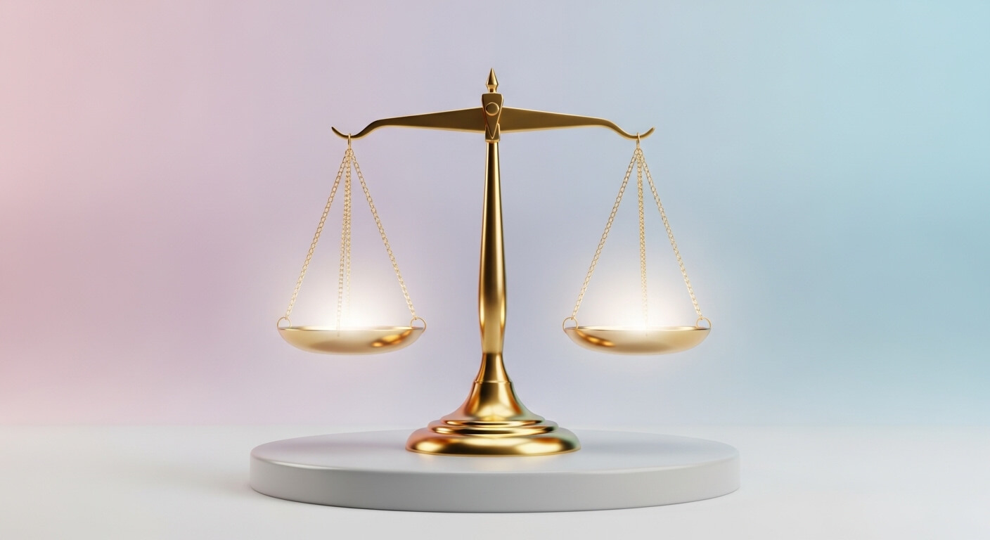 Golden balance scale on a white circular pedestal with a soft pink and blue gradient background