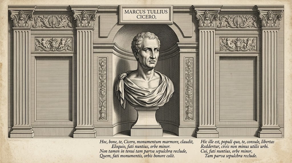 Engraving of Marcus Tullius Cicero bust framed by classical columns and Latin inscriptions.