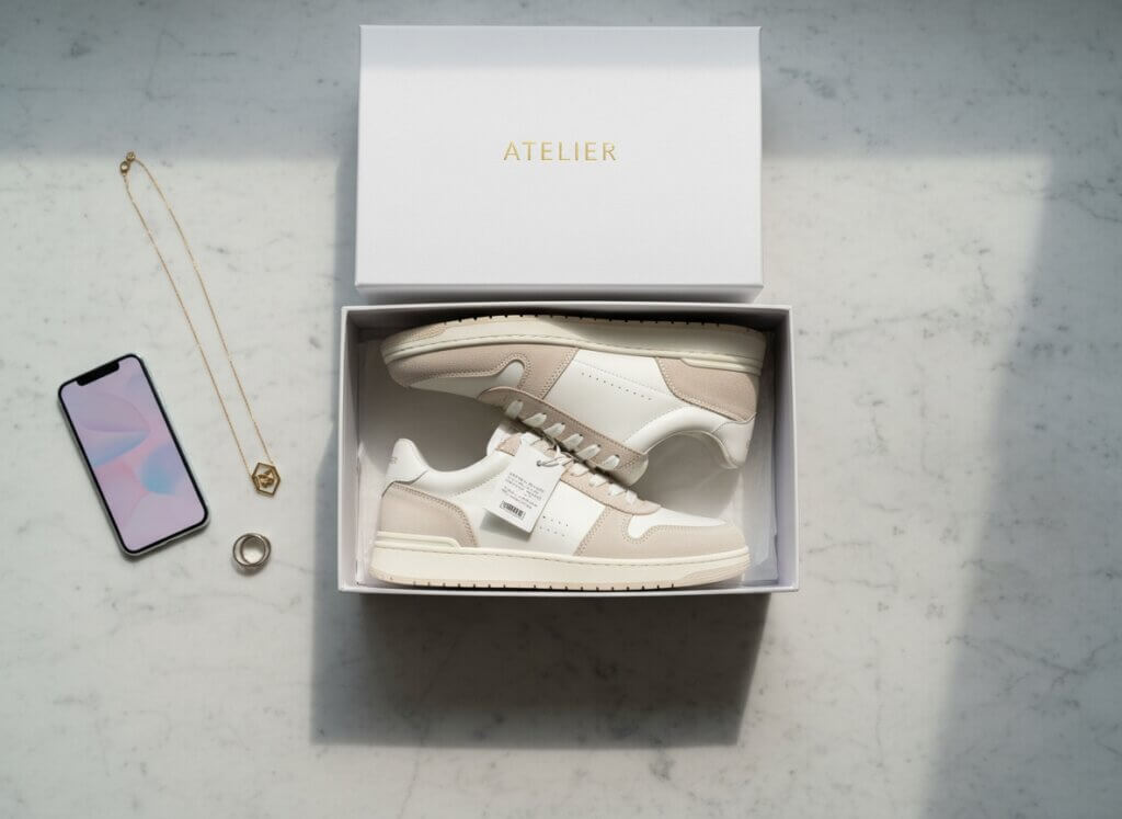 Pair of beige and white sneakers in an open ATELIER shoebox next to a smartphone, gold necklace, and silver ring on marble surface.