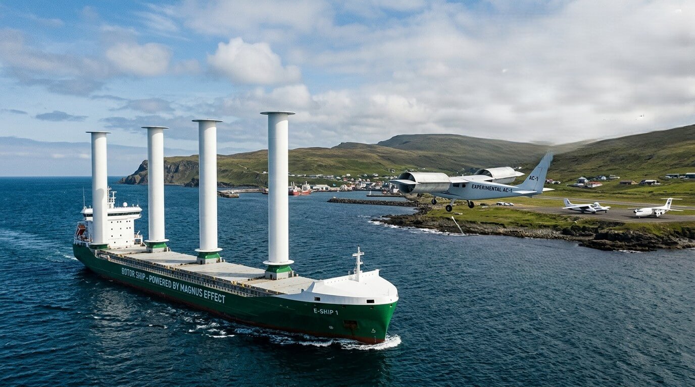 E-Ship 1 cargo ship with four large vertical rotors sailing near a coastline with an experimental AC-1 aircraft flying nearby.