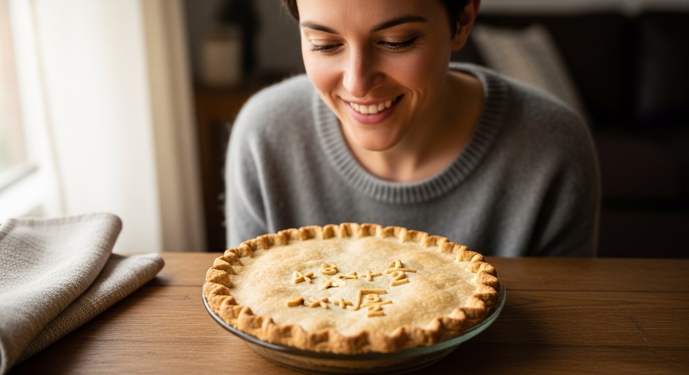 Woman smiling at a pie with mathematical equations cut into the crust on a wooden table