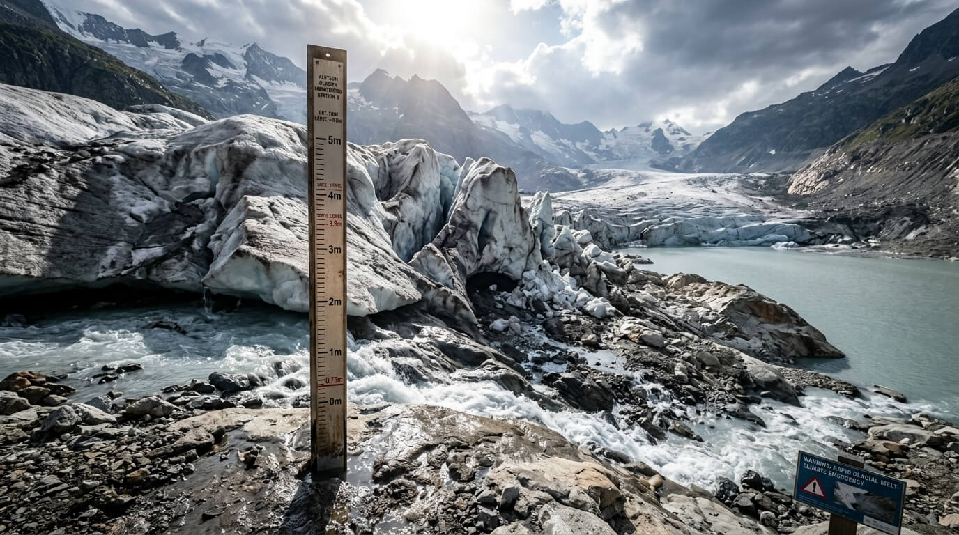 Glacier with a water level measuring stick and a warning sign about rapid glacial melt in a mountainous landscape
