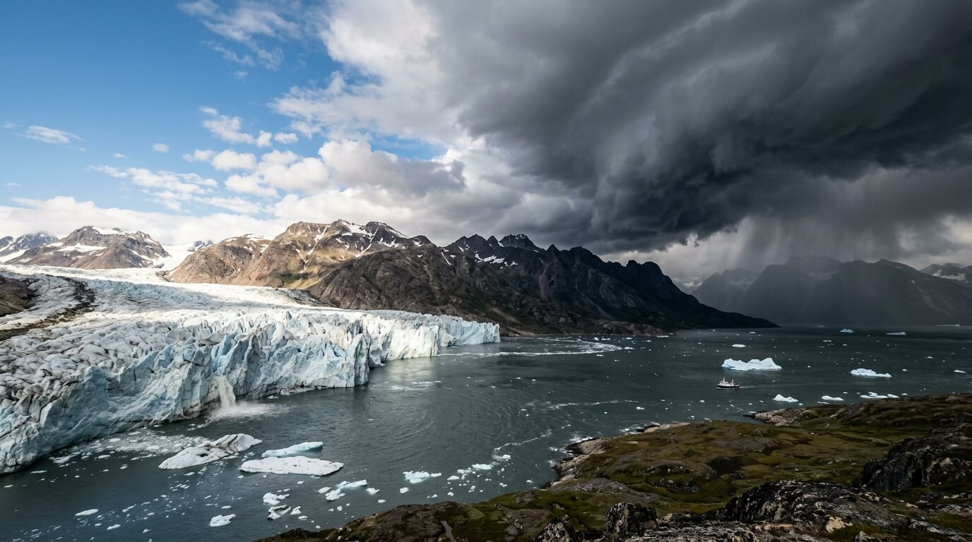 Glacier flowing into icy water with a boat and dark storm clouds over mountainous landscape.