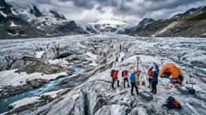 Scientists conducting glacier research with equipment and an orange tent on a snowy glacier under cloudy skies.