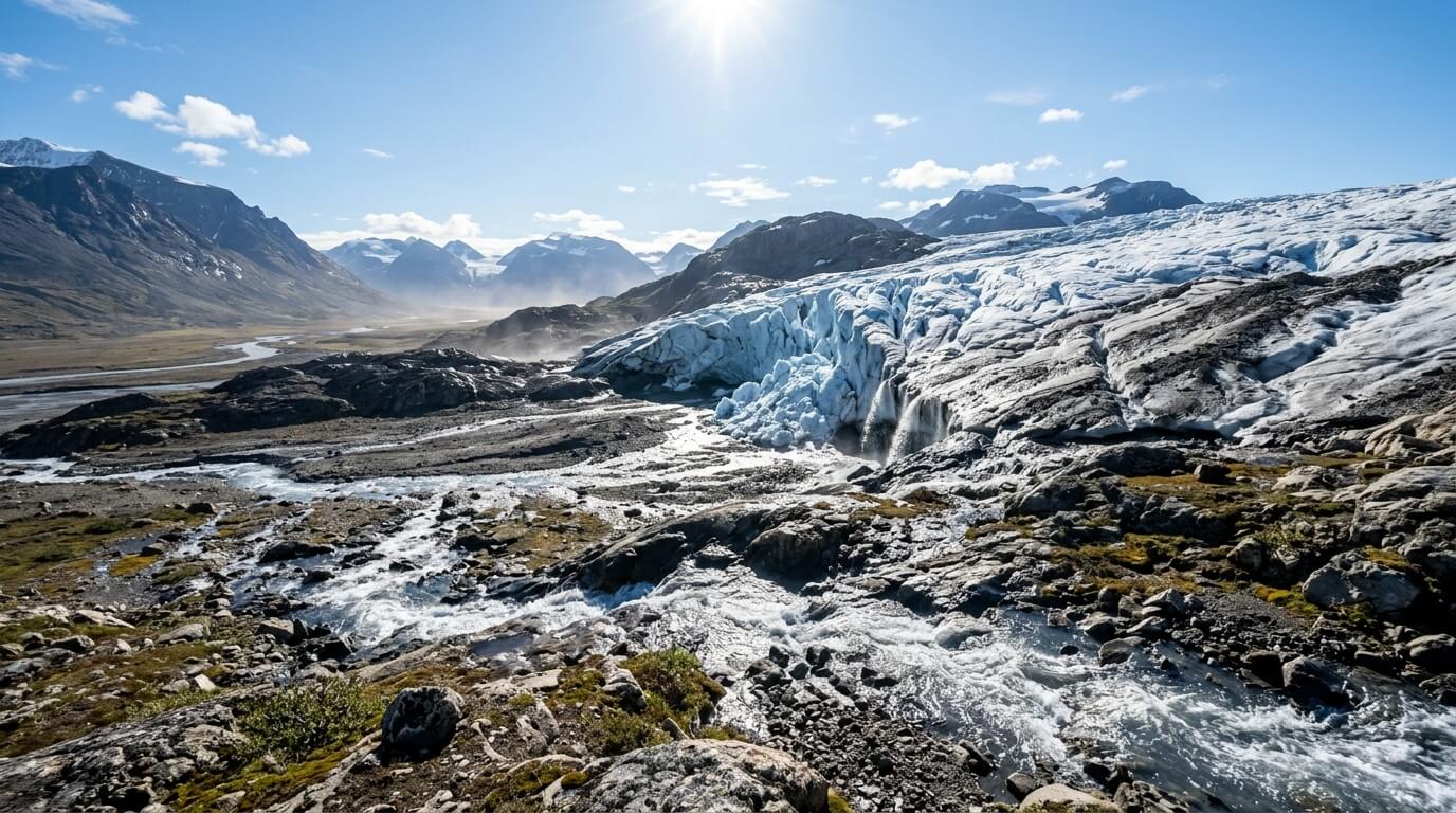 Glacier melting into streams flowing through rocky terrain with mountains in the background under a sunny sky