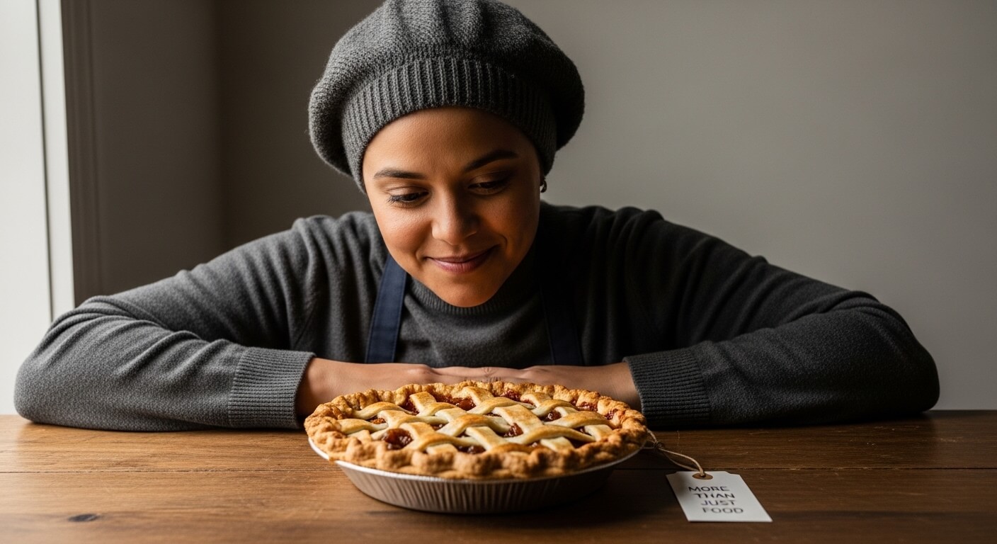 Woman in gray sweater and beret looking at lattice-top pie with tag reading "More than just food" on wooden table