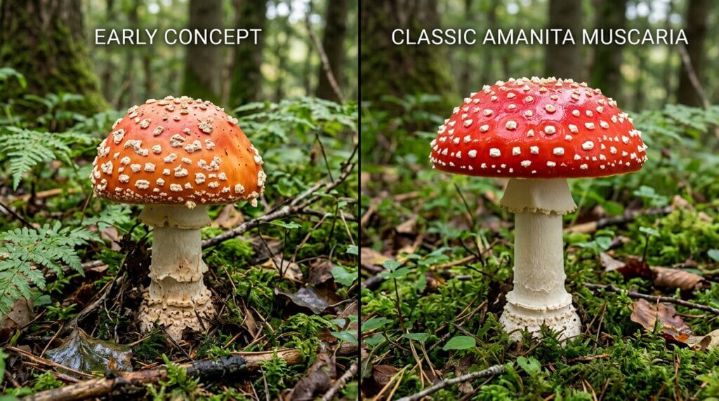 Comparison of early concept and classic Amanita muscaria mushrooms with red caps and white spots in a forest setting.