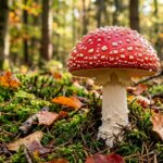 Red and white fly agaric mushroom growing on mossy forest floor with autumn leaves