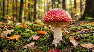Red and white fly agaric mushroom growing on mossy forest floor with autumn leaves