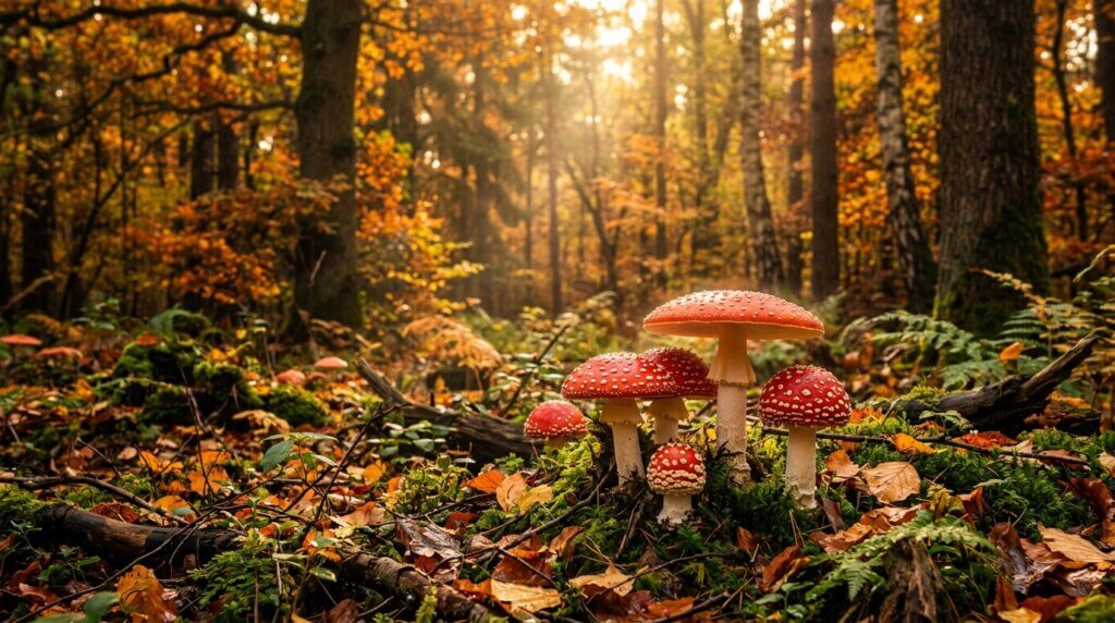 Cluster of red and white fly agaric mushrooms growing on mossy forest floor in autumn sunlight