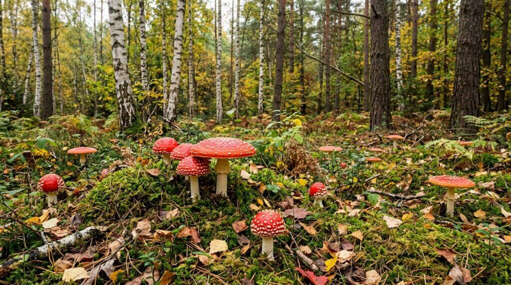 Red and white fly agaric mushrooms growing on mossy forest floor among birch and pine trees in autumn woodland