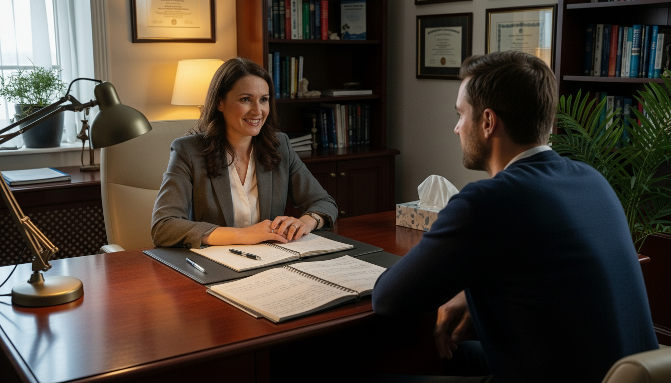 Female therapist smiling and talking with male patient in a cozy office with books and diplomas on the wall.