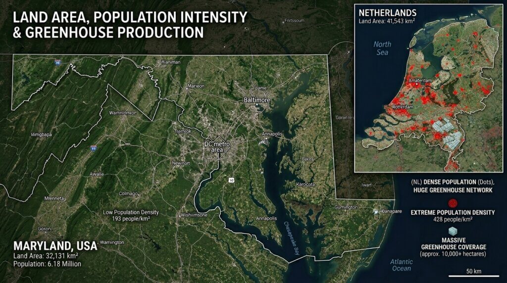 Satellite map comparing land area, population density, and greenhouse production in Maryland, USA, and the Netherlands.