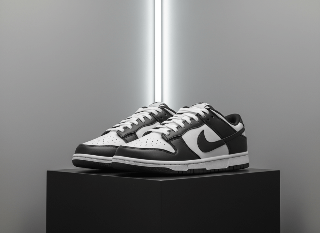 Black and white Nike Dunk Low sneakers on a black pedestal with vertical light strip background
