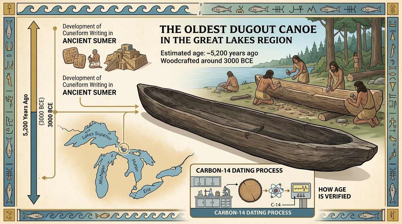 Illustration of the oldest dugout canoe in the Great Lakes region, woodcrafted around 3000 BCE, with people carving it and a Carbon-14 dating process diagram.